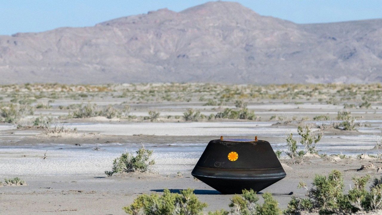 The sample return capsule of the OSIRIS-REx spacecraft in the Utah desert.